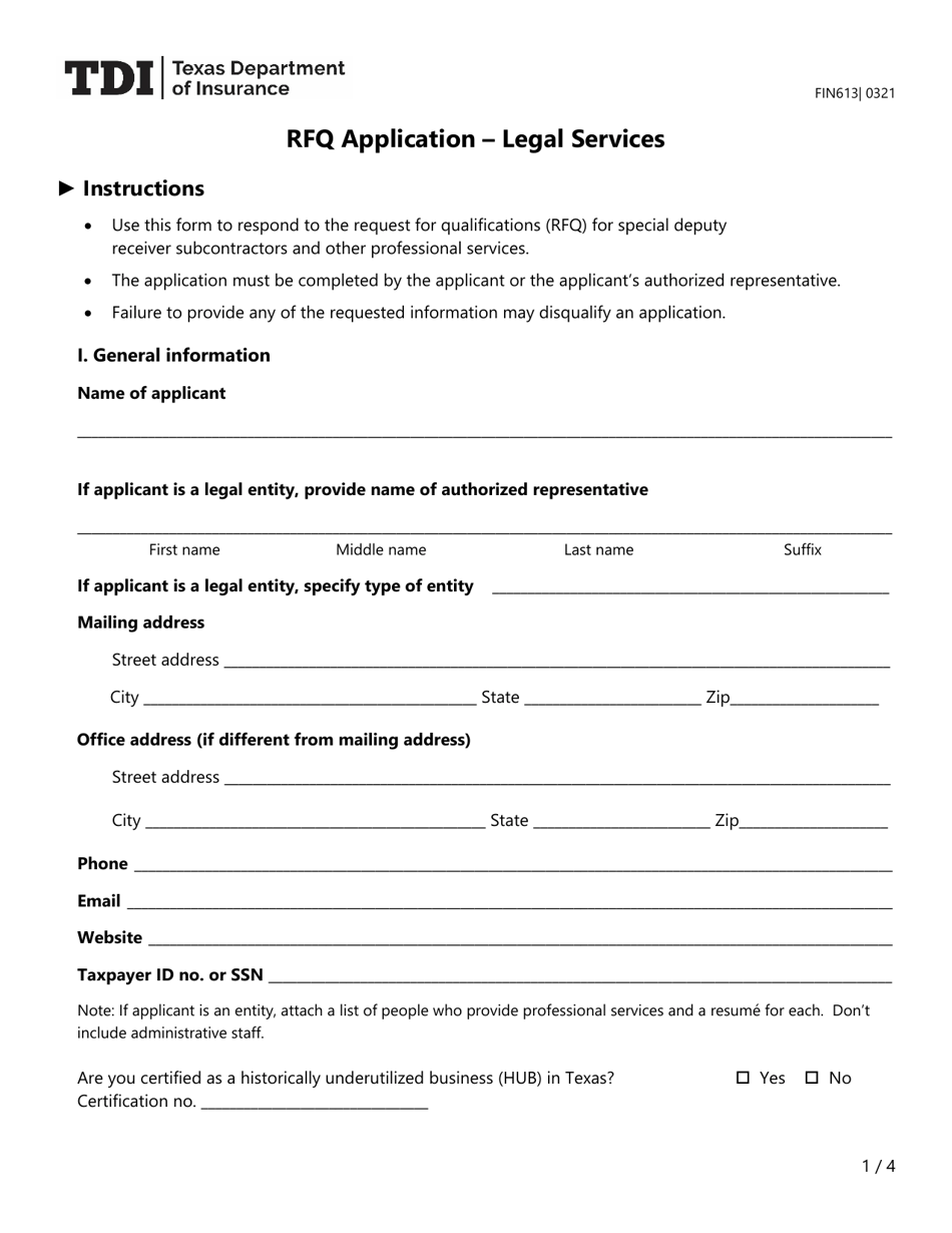 Form FIN613 Rfq Application - Legal Services - Texas, Page 1