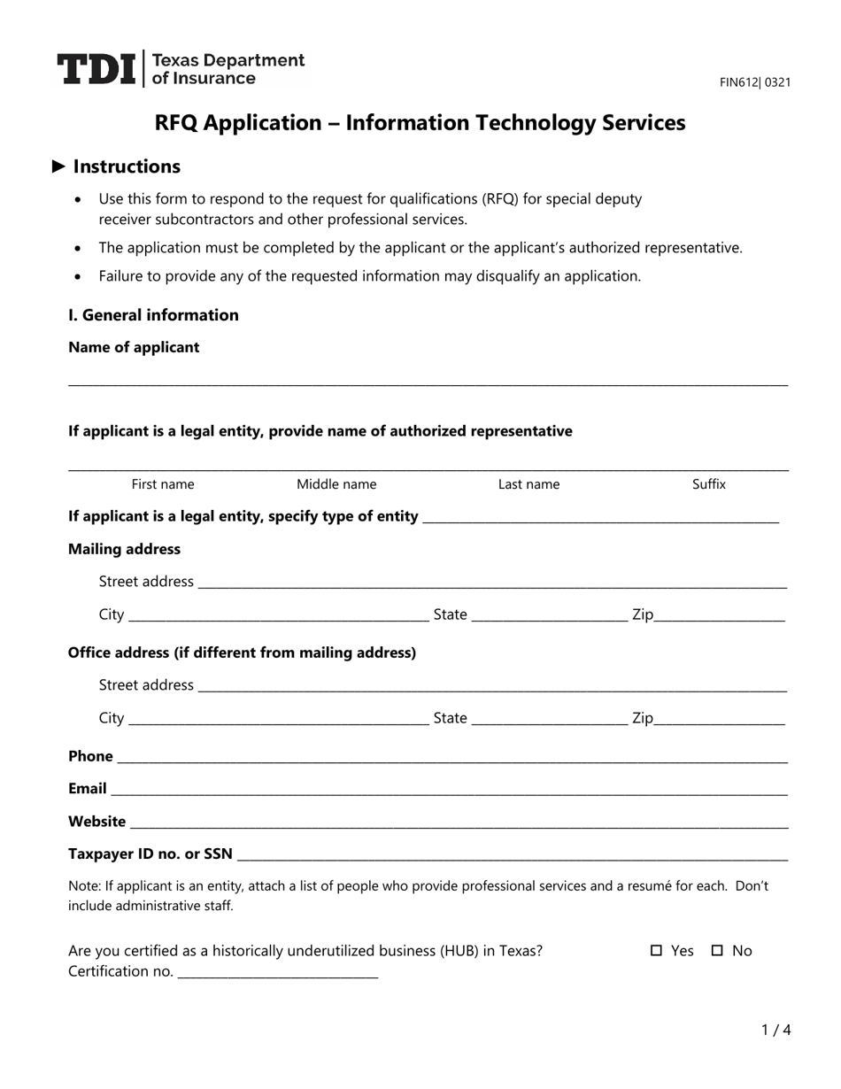 Form FIN612 Rfq Application - Information Technology Services - Texas, Page 1