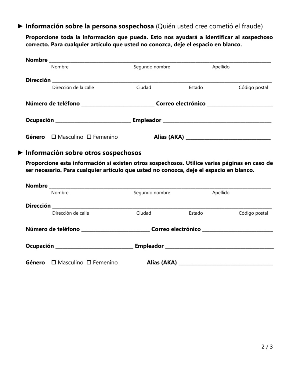 Formulario FR029 Reporte De Sospecha De Fraude De Seguros - Texas (Spanish), Page 2