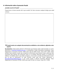 Formulario FR029 Reporte De Sospecha De Fraude De Seguros - Texas (Spanish), Page 3