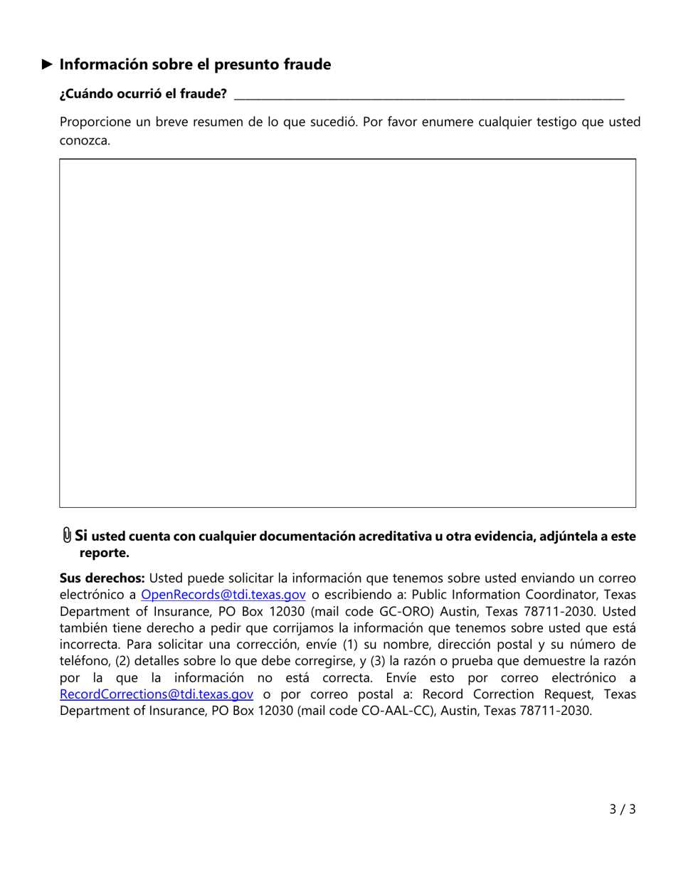 Formulario FR029 Reporte De Sospecha De Fraude De Seguros - Texas (Spanish), Page 3