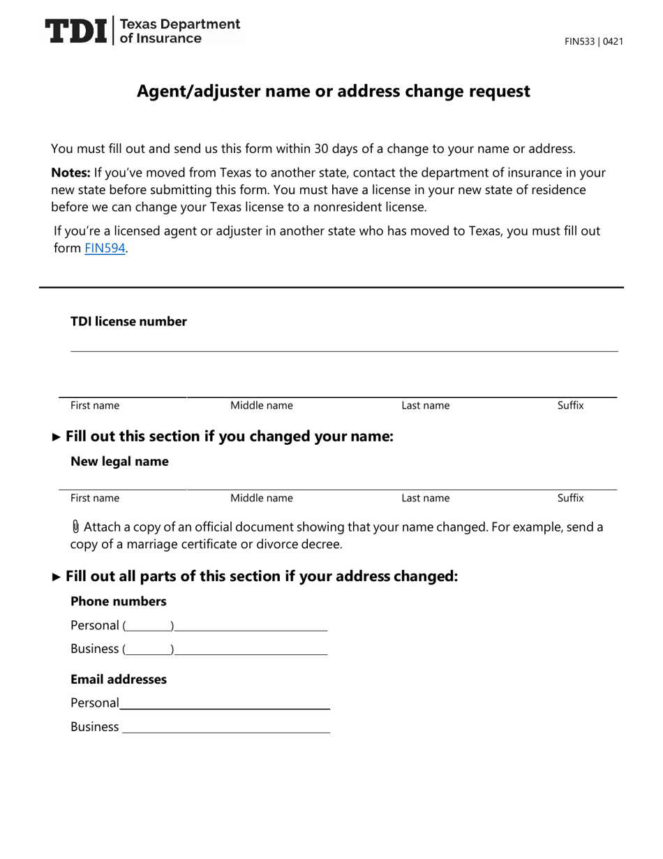 Form FIN533 Agent/Adjuster Name or Address Change Request - Texas, Page 1