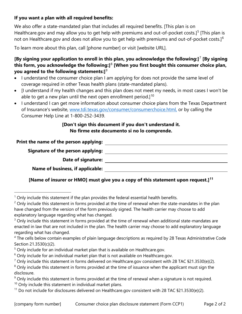 Form LAHR339 (CCP1) Consumer Choice Plan Disclosure Statement - Texas, Page 2