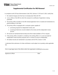 Form LHL007 Supplemental Certification for Iro Renewal - Texas