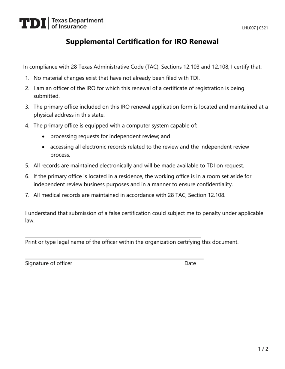 Form LHL007 Supplemental Certification for Iro Renewal - Texas, Page 1