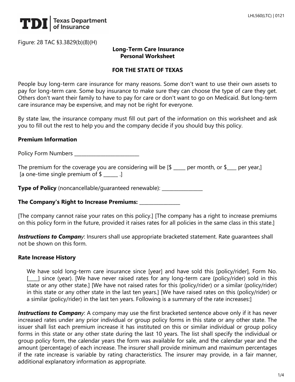 Form LHL560 Long-Term Care Insurance Personal Worksheet - Texas, Page 1