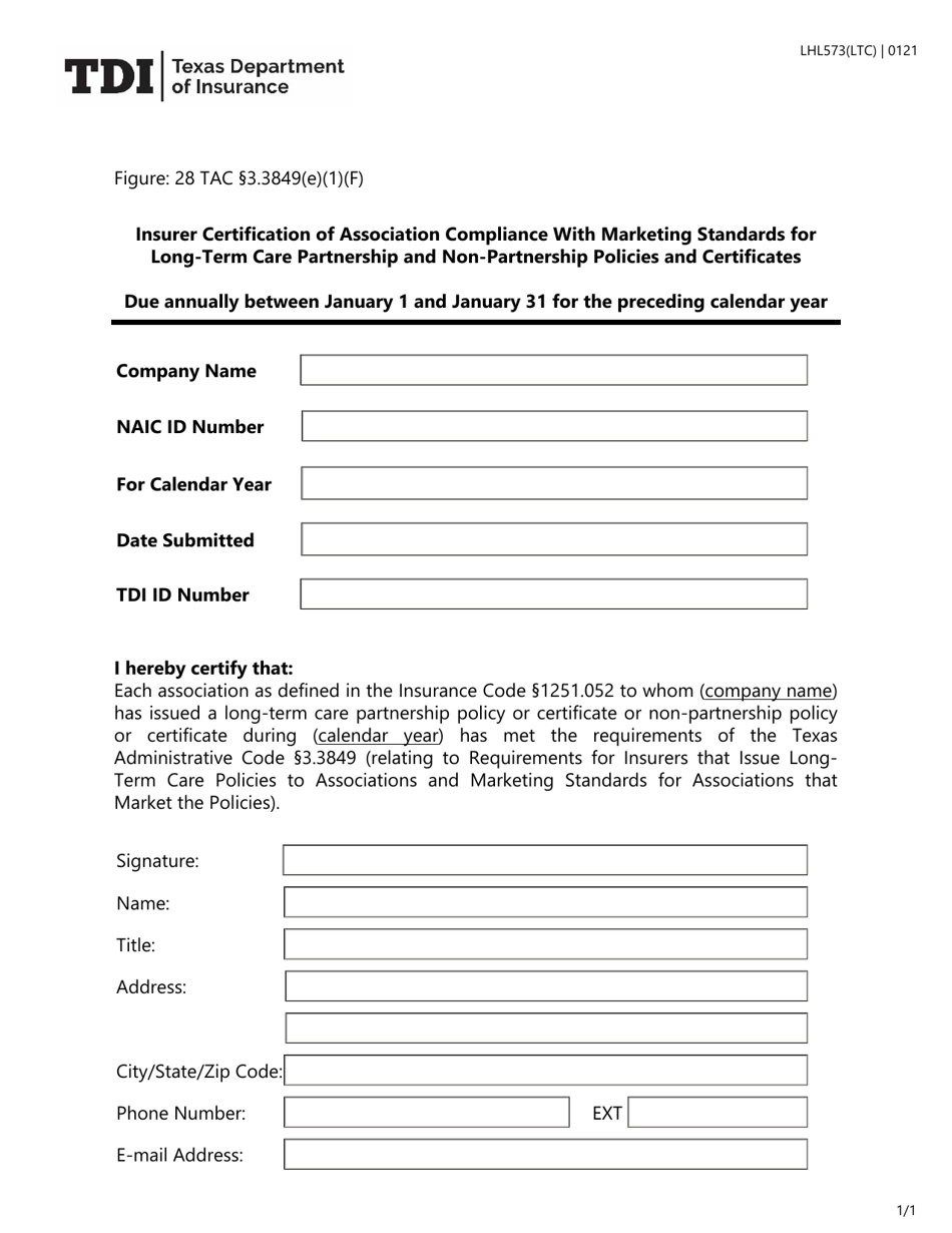 Form LHL573 Insurer Certification of Association Compliance With Marketing Standards for Long-Term Care Partnership and Non-partnership Policies and Certificates - Texas, Page 1