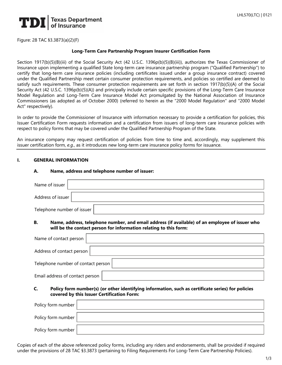 Form LHL570 Long-Term Care Partnership Program Insurer Certification Form - Texas, Page 1