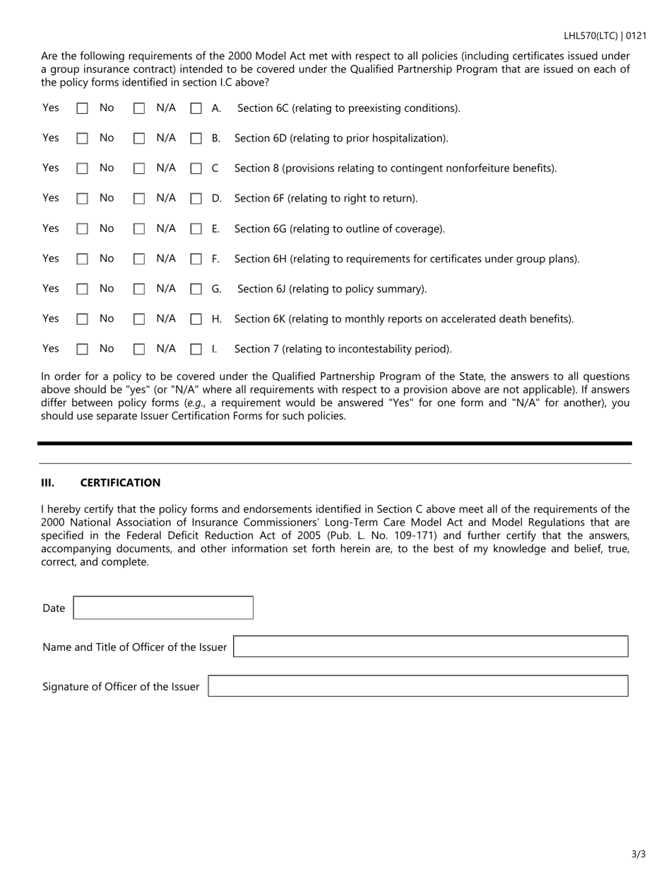 Form LHL570 Long-Term Care Partnership Program Insurer Certification Form - Texas, Page 3
