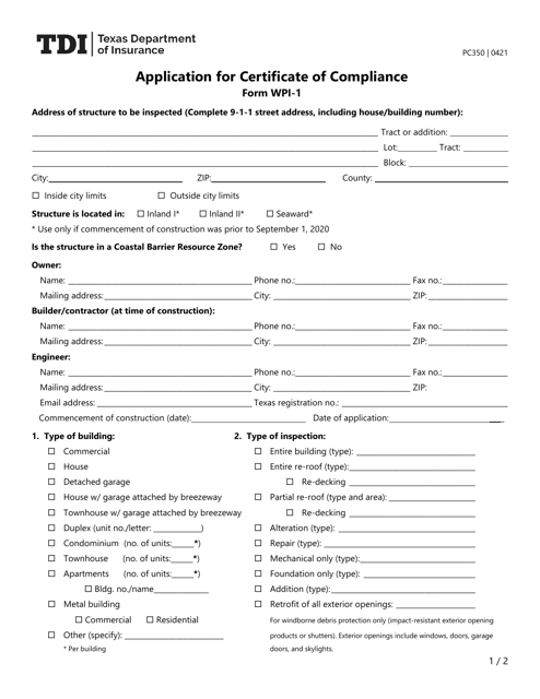 Form PC350 (WPI-1) Application for Certificate of Compliance - Texas