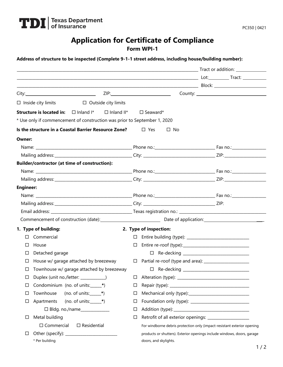 Form PC350 (WPI-1) Application for Certificate of Compliance - Texas, Page 1