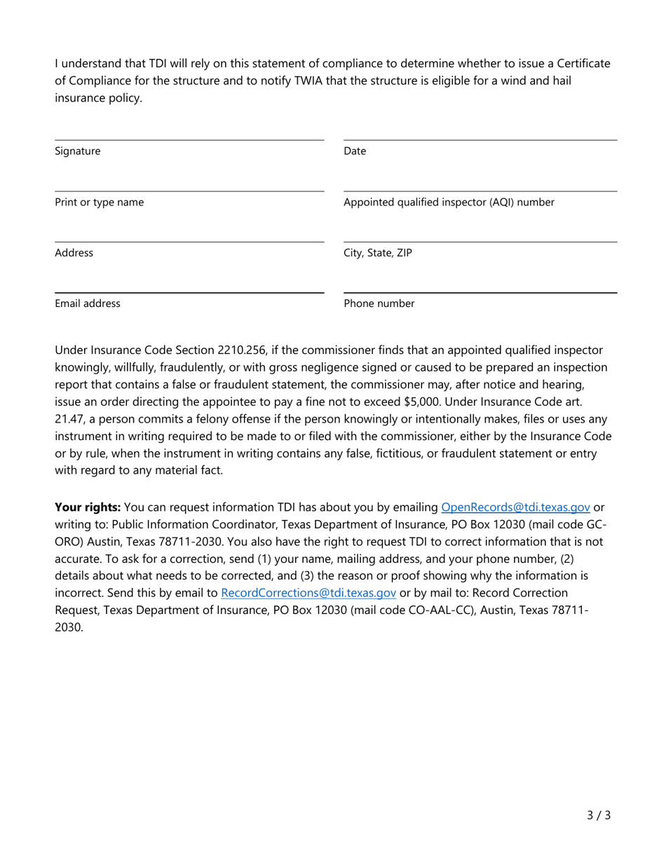 Form PC382 (WPI-2-BC-6) Inspection Verification for Projects That Began Construction Between January 1, 2017, and August 31, 2020 - Texas, Page 3
