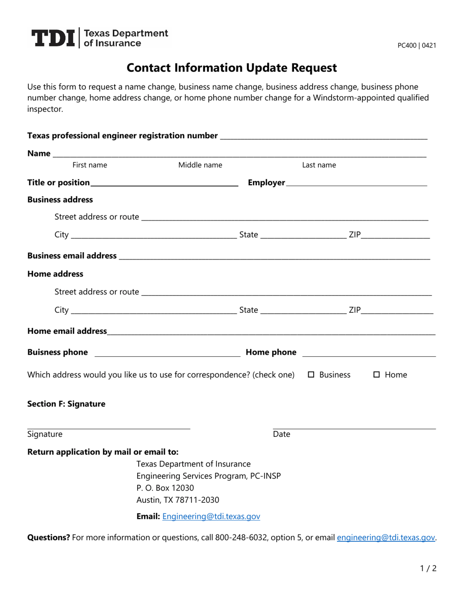 Form PC400 Contact Information Update Request - Texas, Page 1