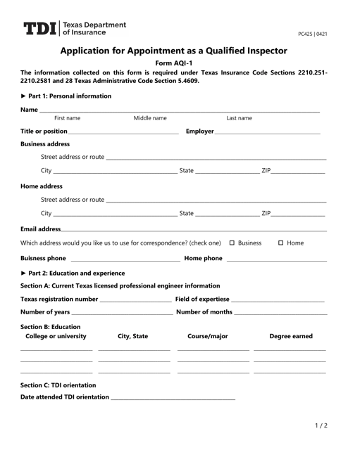 Form PC425 (AQI-1) Application for Appointment as a Qualified Inspector - Texas