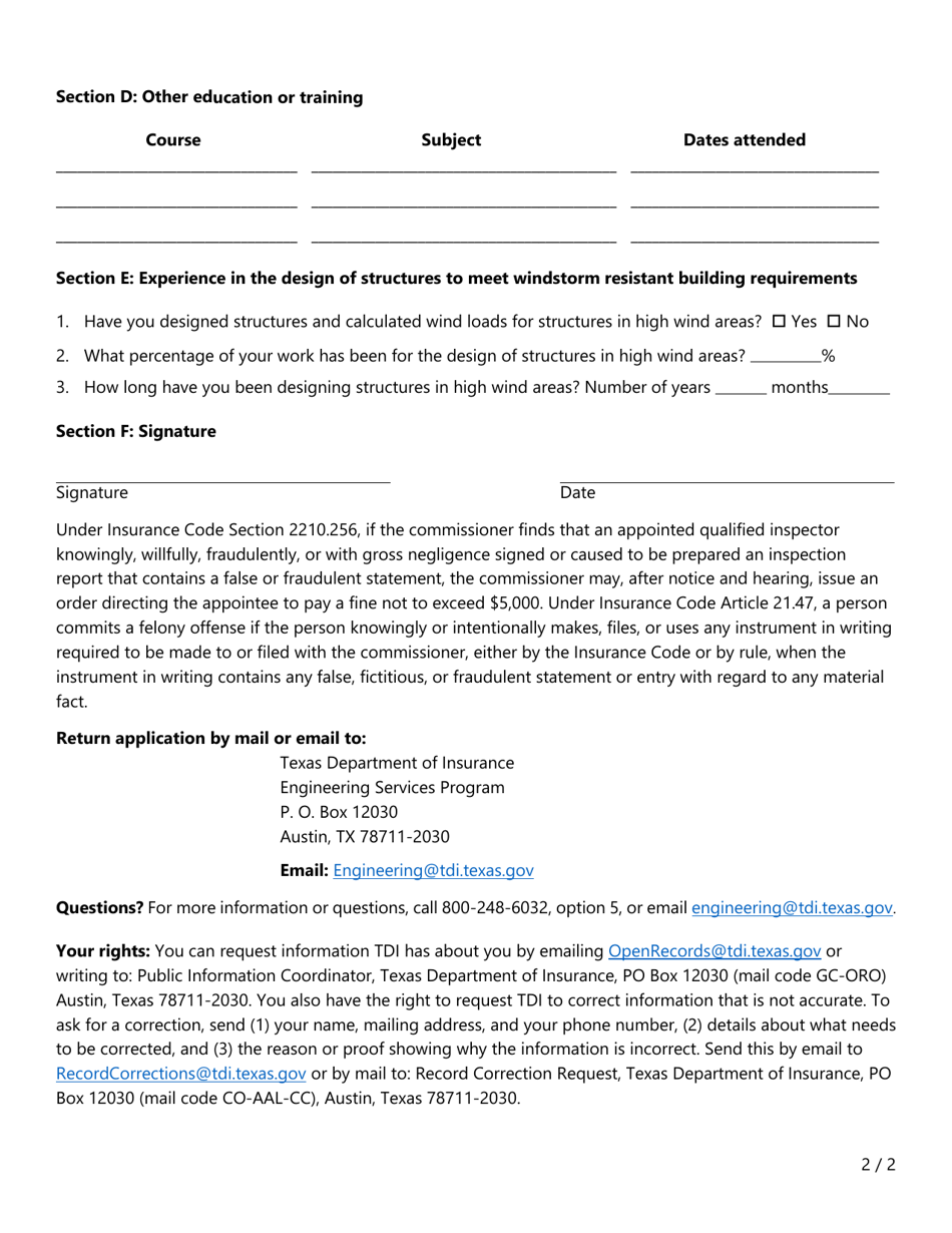 Form PC425 (AQI-1) Application for Appointment as a Qualified Inspector - Texas, Page 2