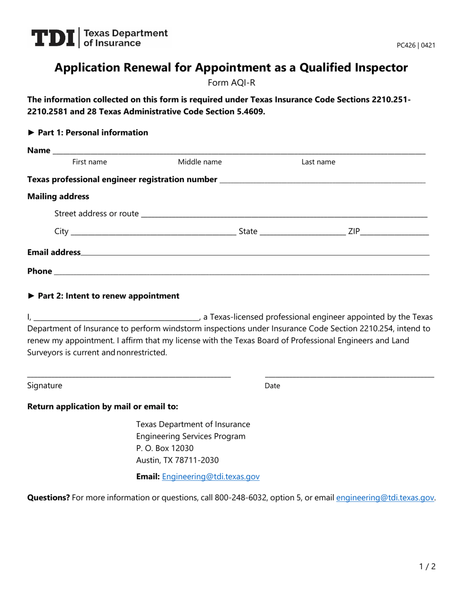 Form PC426 (AQI-R) Application Renewal for Appointment as a Qualified Inspector - Texas, Page 1