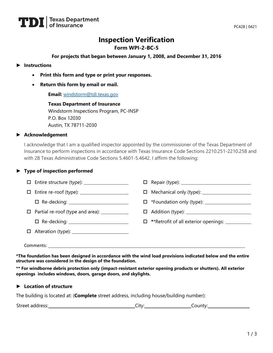 Form PC428 (WPI-2-BC-5) Inspection Verification - Texas, Page 1