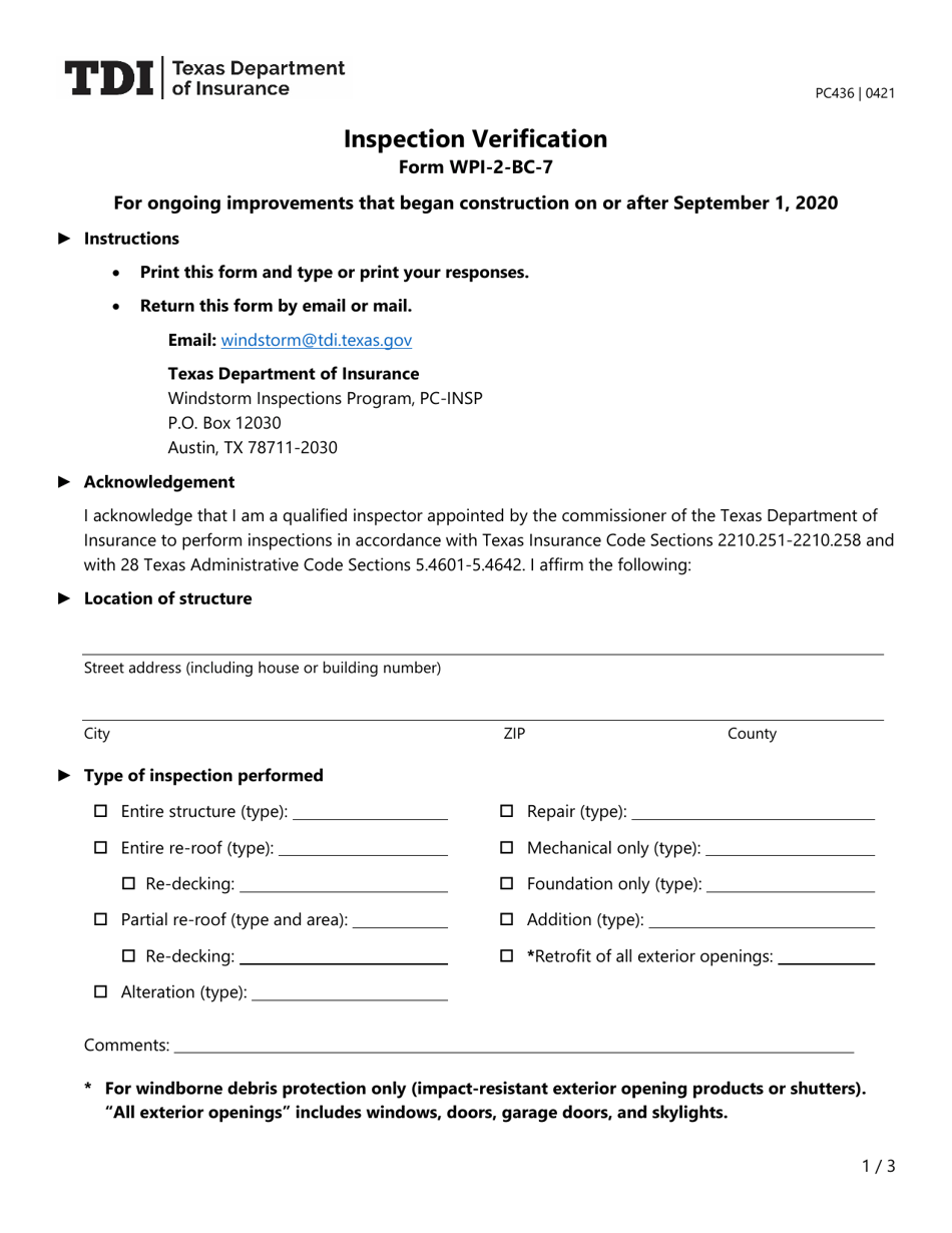 Form PC436 (WPI-2-BC-7) Inspection Verification - Texas, Page 1