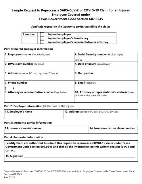 Sample Request to Reprocess a Sars-Cov-2 or Covid-19 Claim for an Injured Employee Covered Under Texas Government Code Section 607.0545 - Texas Download Pdf