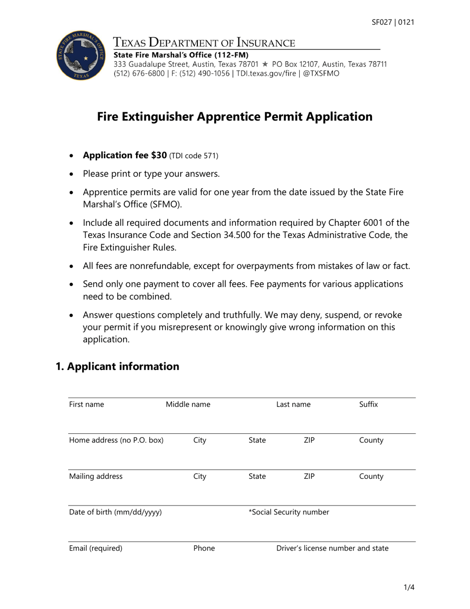 Form SF027 Fire Extinguisher Apprentice Permit Application - Texas, Page 1