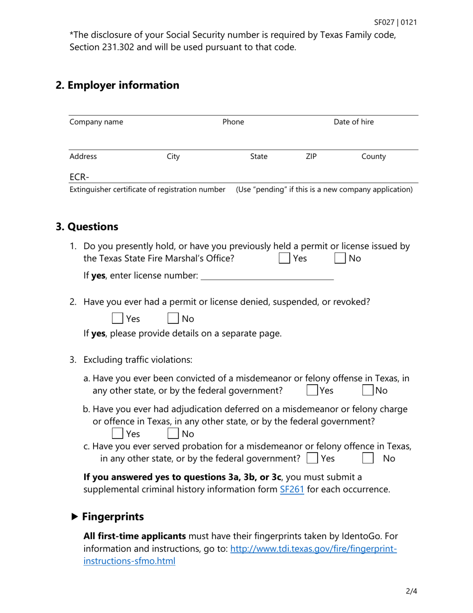 Form SF027 Fire Extinguisher Apprentice Permit Application - Texas, Page 2