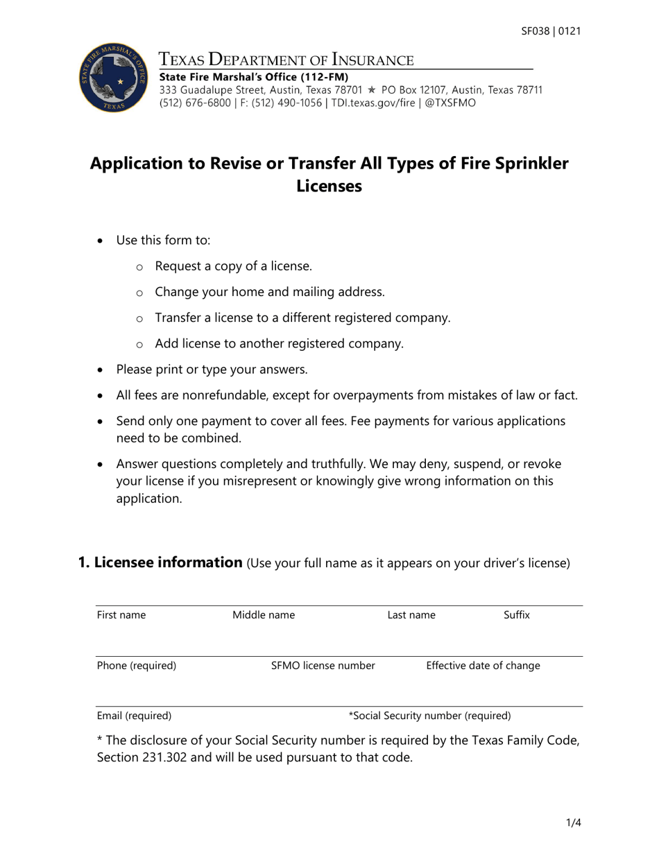 Form SF038 Application to Revise or Transfer All Types of Fire Sprinkler Licenses - Texas, Page 1