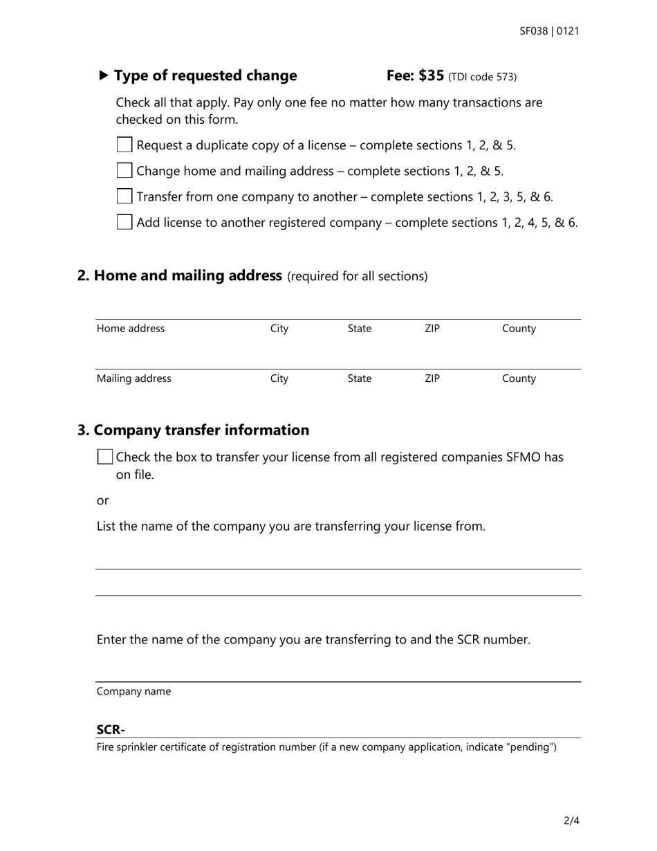 Form SF038 Application to Revise or Transfer All Types of Fire Sprinkler Licenses - Texas, Page 2