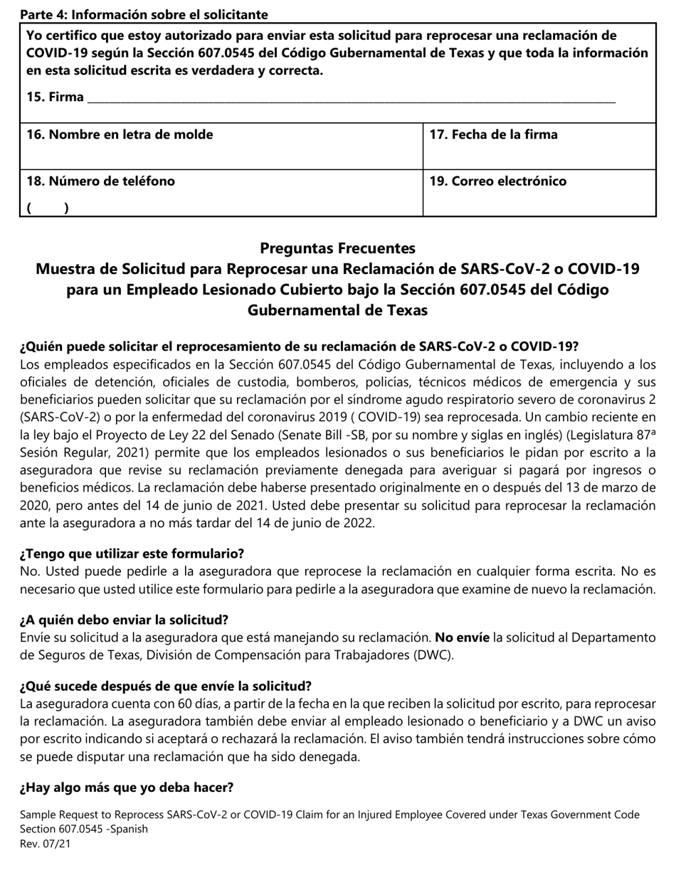 Muestra De Solicitud Para Reprocesar Una Reclamacion De Sars-Cov-2 O Covid-19 Para Un Empleado Lesionado Cubierto Bajo La Seccion 607.0545 Del Codigo Gubernamental De Texas - Texas (Spanish), Page 2