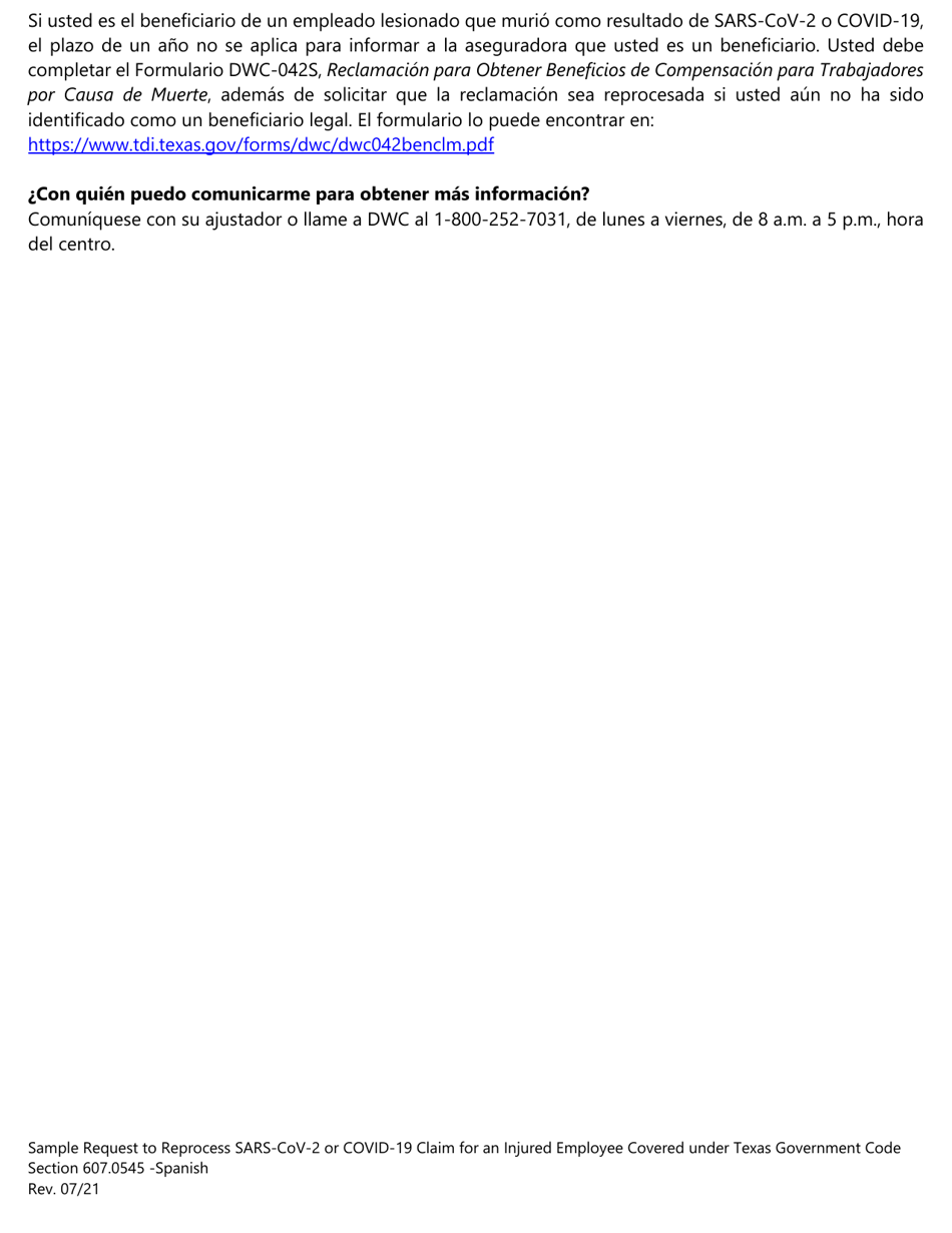 Muestra De Solicitud Para Reprocesar Una Reclamacion De Sars-Cov-2 O Covid-19 Para Un Empleado Lesionado Cubierto Bajo La Seccion 607.0545 Del Codigo Gubernamental De Texas - Texas (Spanish), Page 3