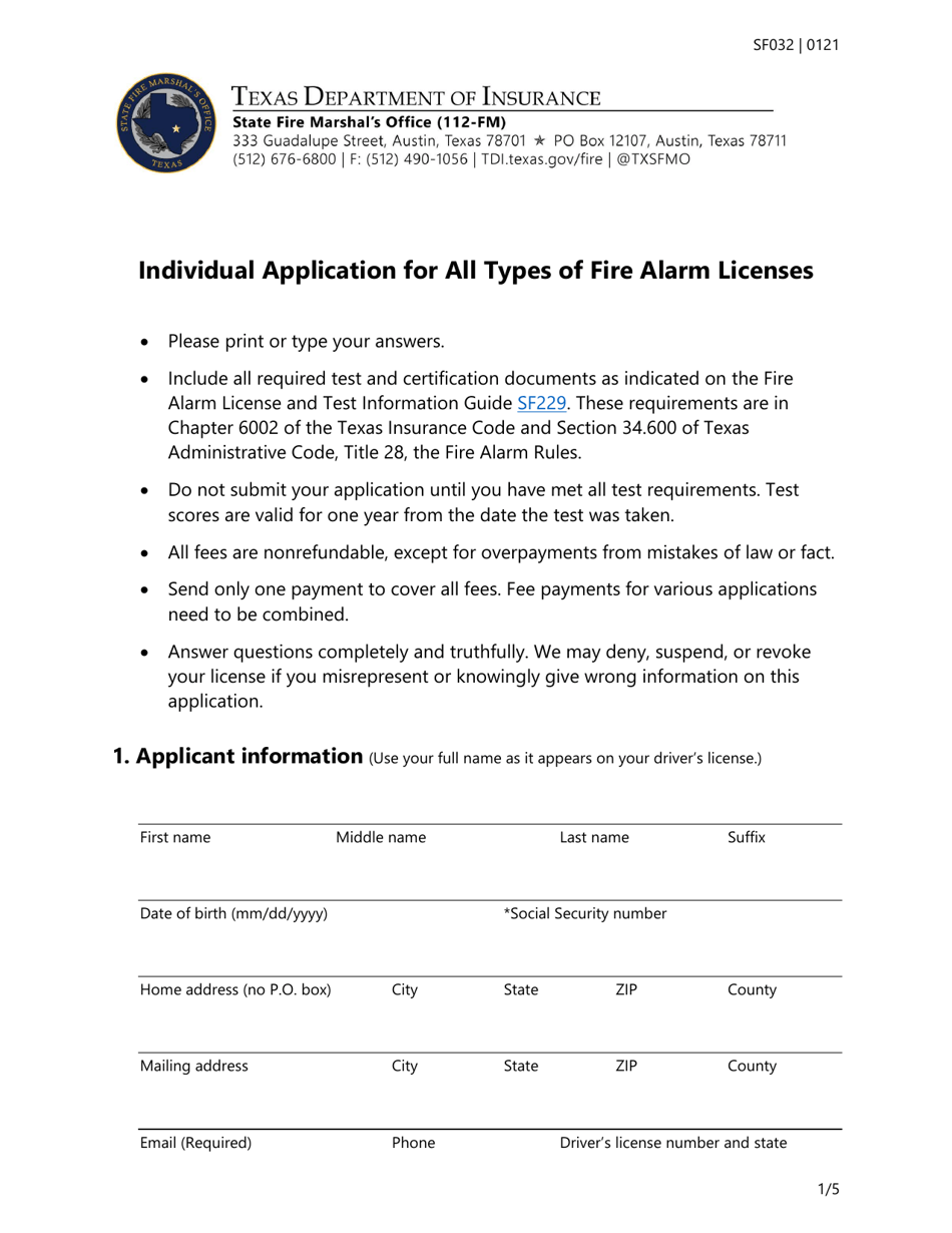 Form SF032 Individual Application for All Types of Fire Alarm Licenses - Texas, Page 1
