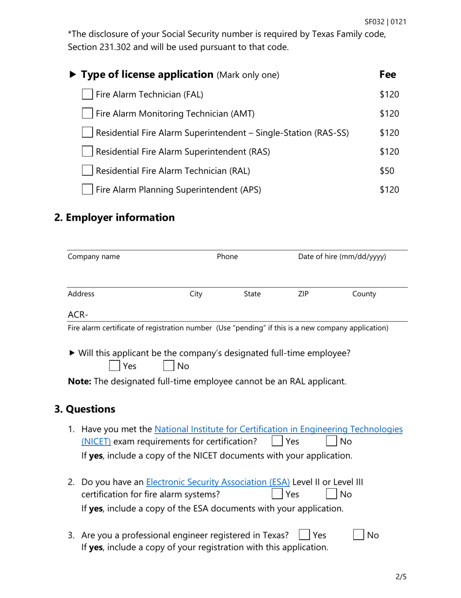 Form SF032 Individual Application for All Types of Fire Alarm Licenses - Texas, Page 2