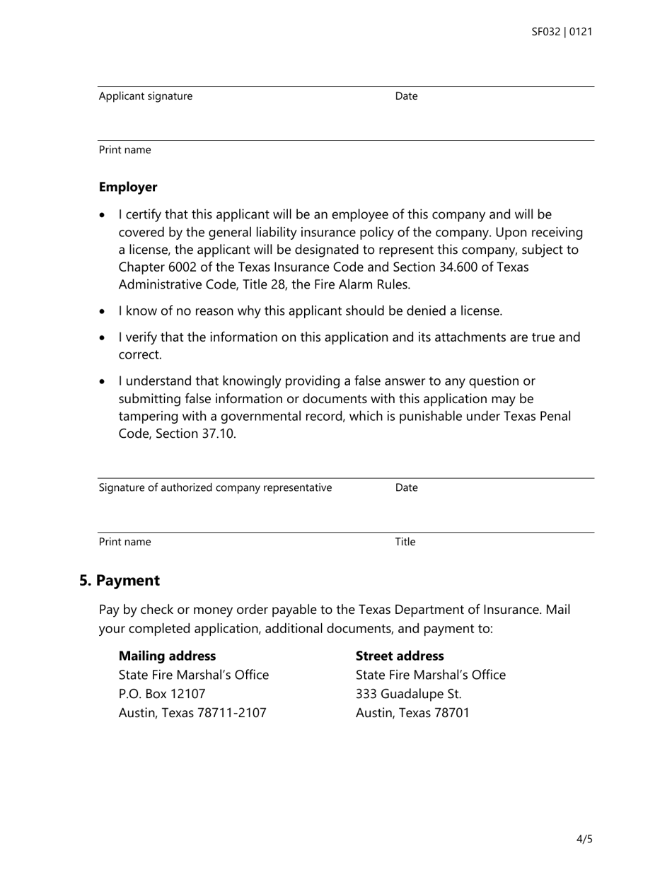 Form SF032 Individual Application for All Types of Fire Alarm Licenses - Texas, Page 4