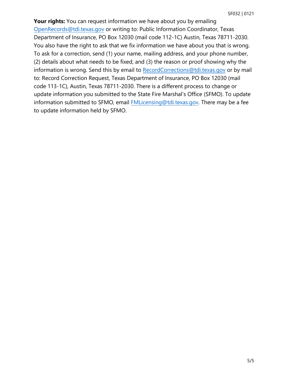 Form SF032 Individual Application for All Types of Fire Alarm Licenses - Texas, Page 5