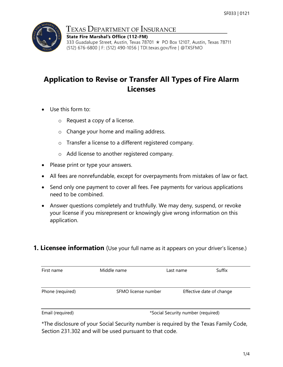 Form SF033 Application to Revise or Transfer All Types of Fire Alarm Licenses - Texas, Page 1