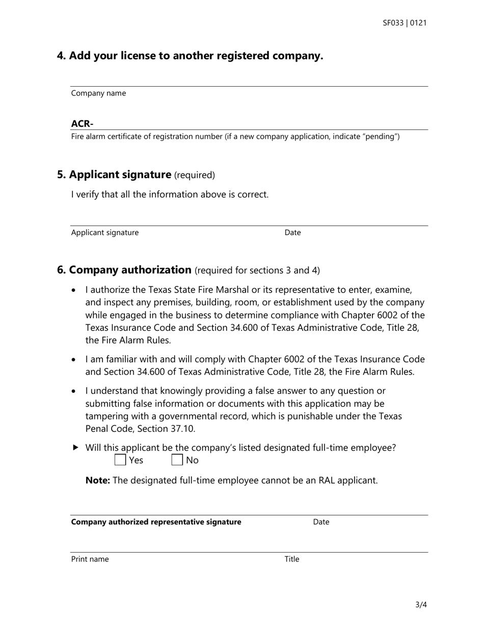 Form SF033 Application to Revise or Transfer All Types of Fire Alarm Licenses - Texas, Page 3