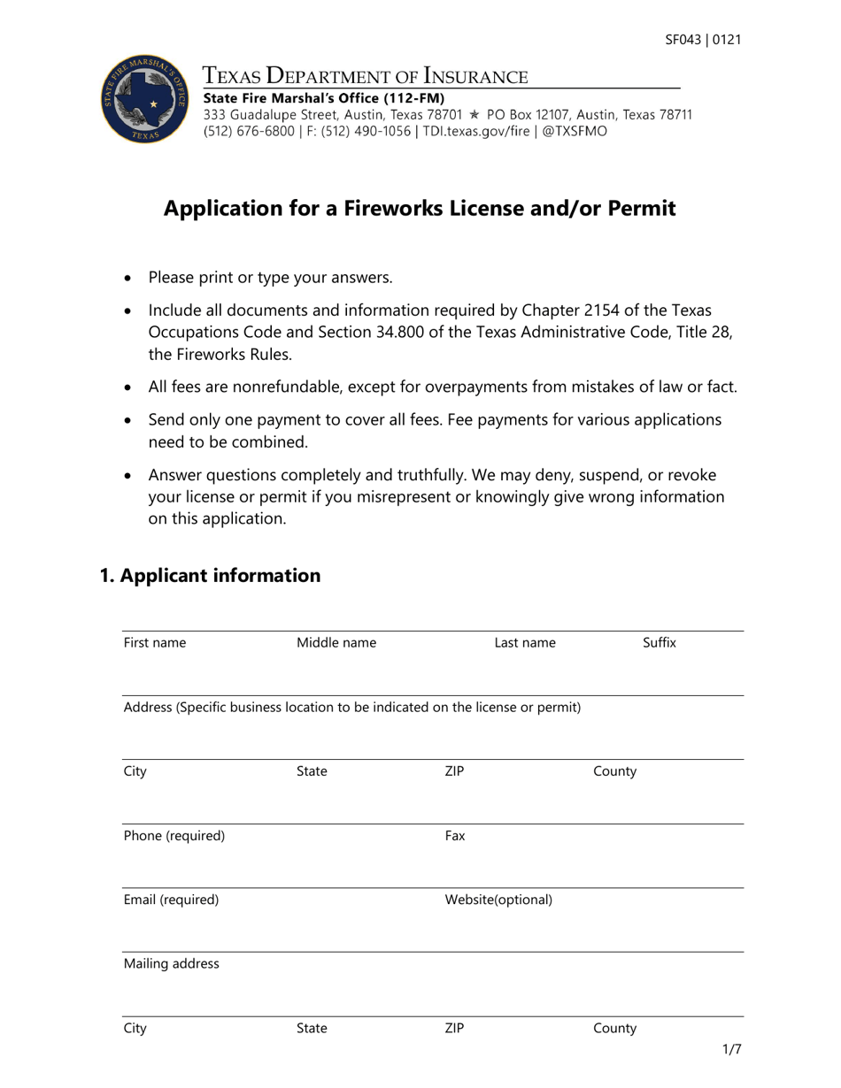 Form SF043 Application for a Fireworks License and / or Permit - Texas, Page 1