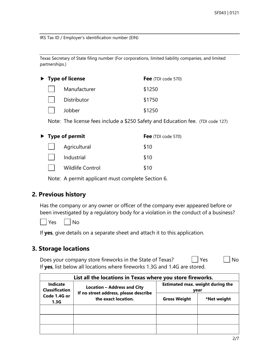 Form SF043 Application for a Fireworks License and / or Permit - Texas, Page 2