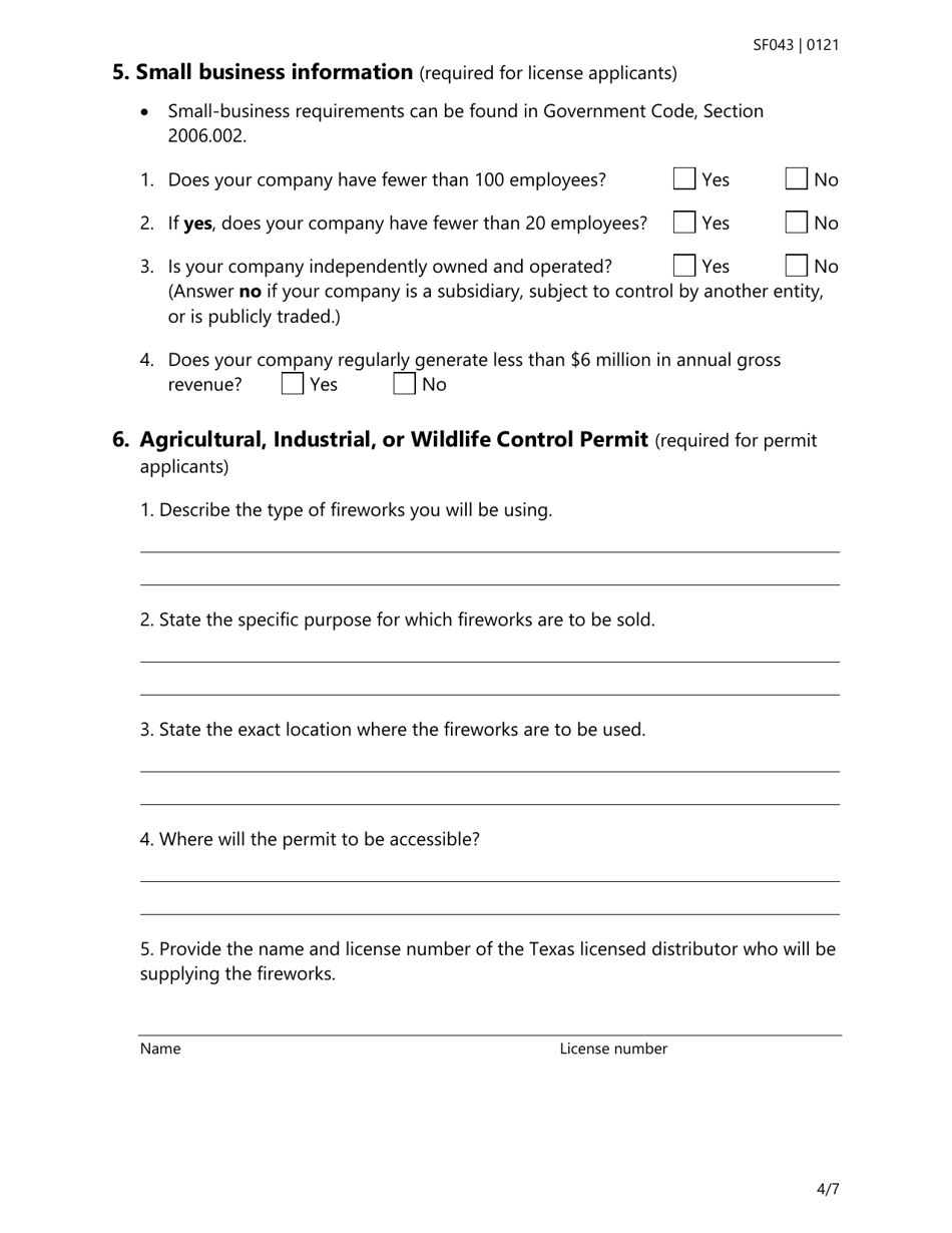 Form SF043 Application for a Fireworks License and / or Permit - Texas, Page 4