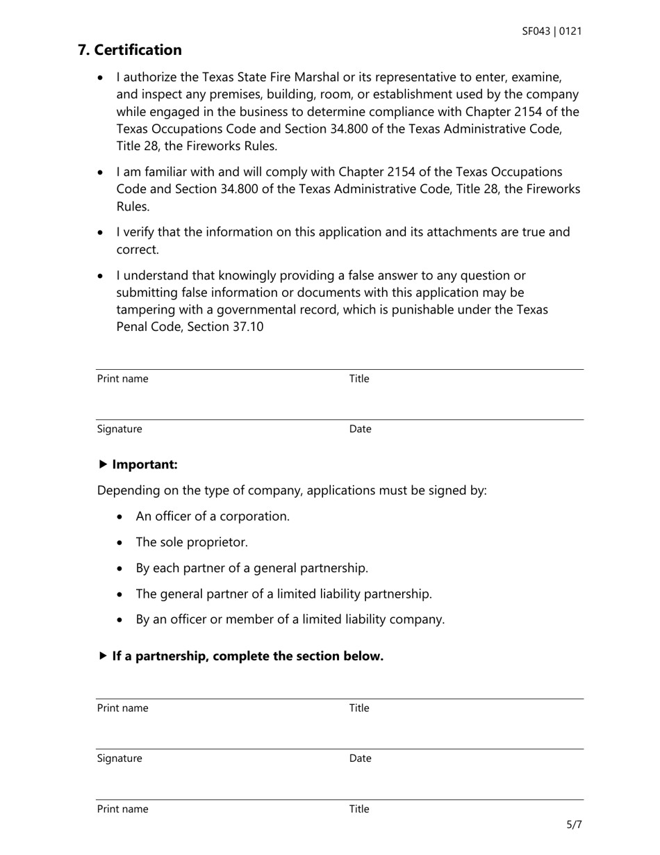Form SF043 Application for a Fireworks License and / or Permit - Texas, Page 5