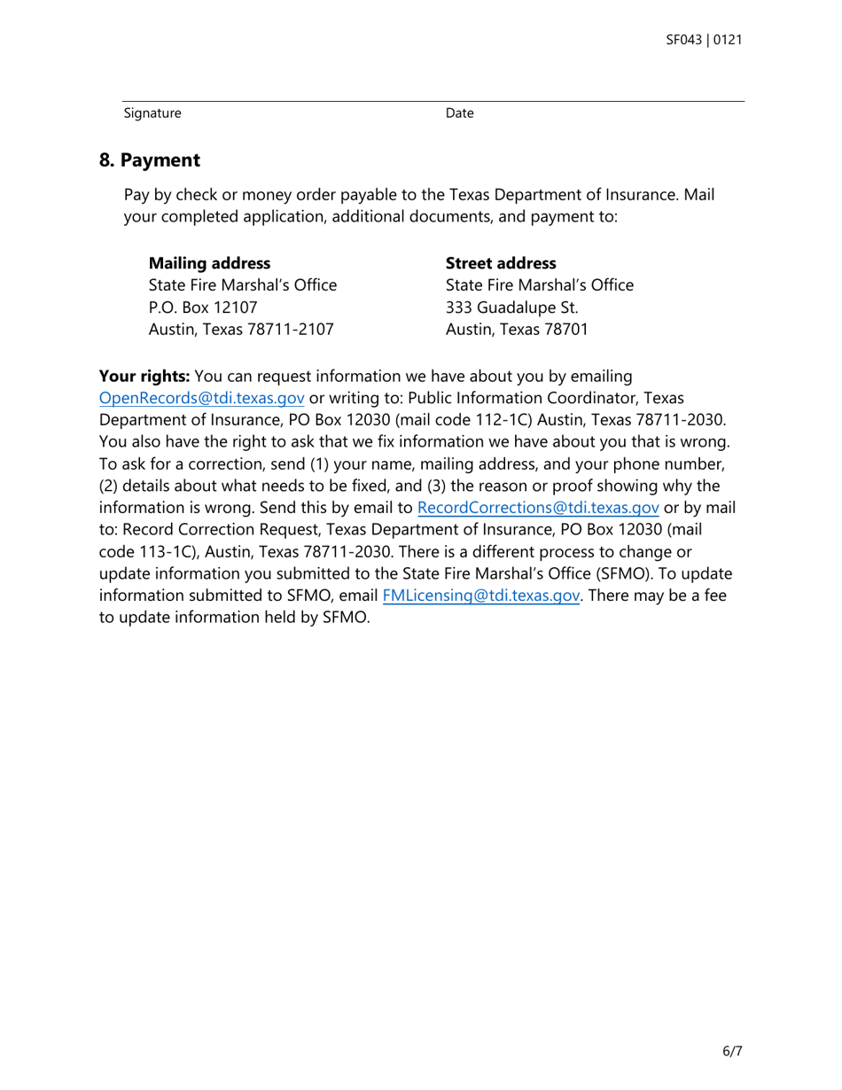 Form SF043 Application for a Fireworks License and / or Permit - Texas, Page 6