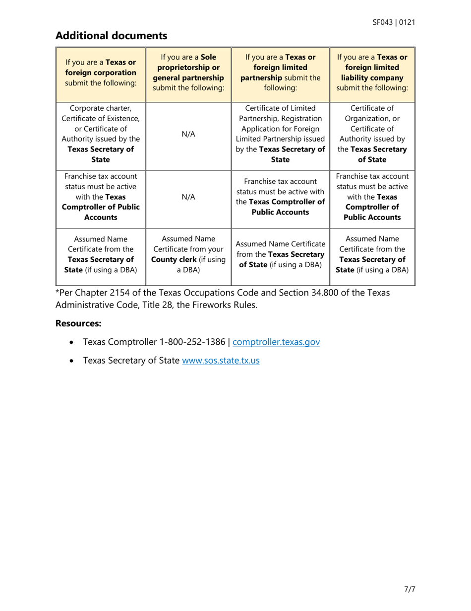 Form SF043 Application for a Fireworks License and / or Permit - Texas, Page 7