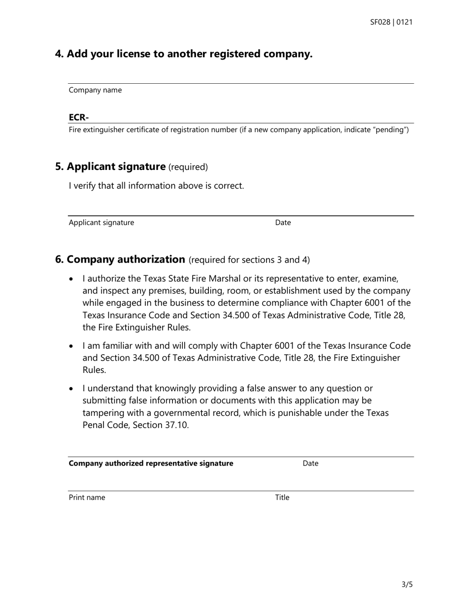 Form SF028 Application to Revise or Transfer All Types of Fire Extinguisher Licenses - Texas, Page 3