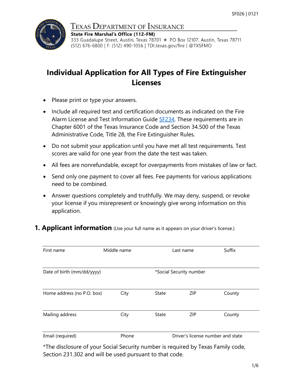 Form SF026 Individual Application for All Types of Fire Extinguisher Licenses - Texas, Page 1