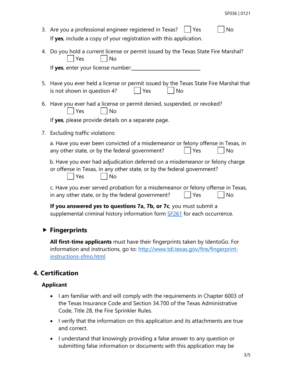 Form SF036 Individual Application for All Types of Fire Sprinkler Licenses - Texas, Page 3