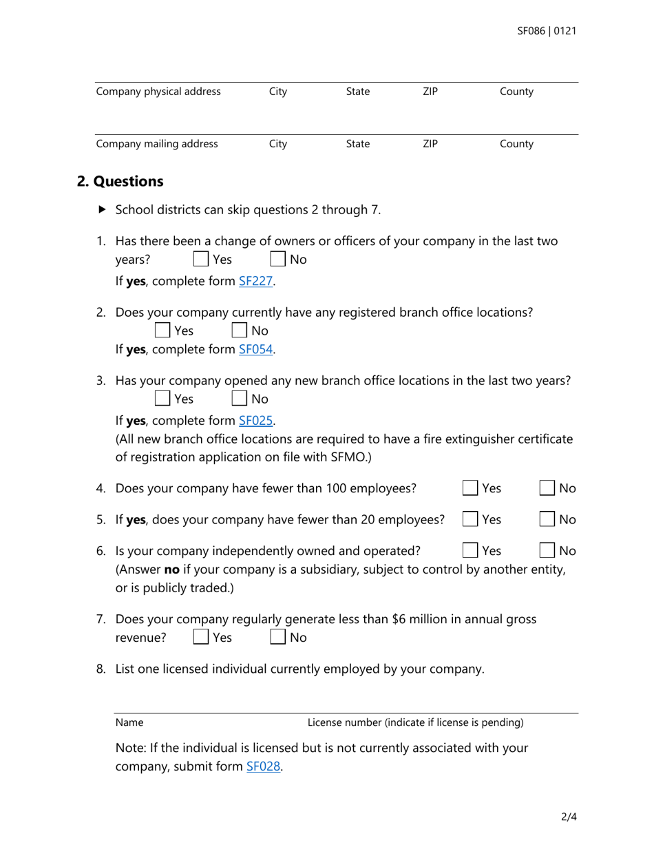 Form SF086 Fire Extinguisher Certificate of Registration Renewal Application - Texas, Page 2