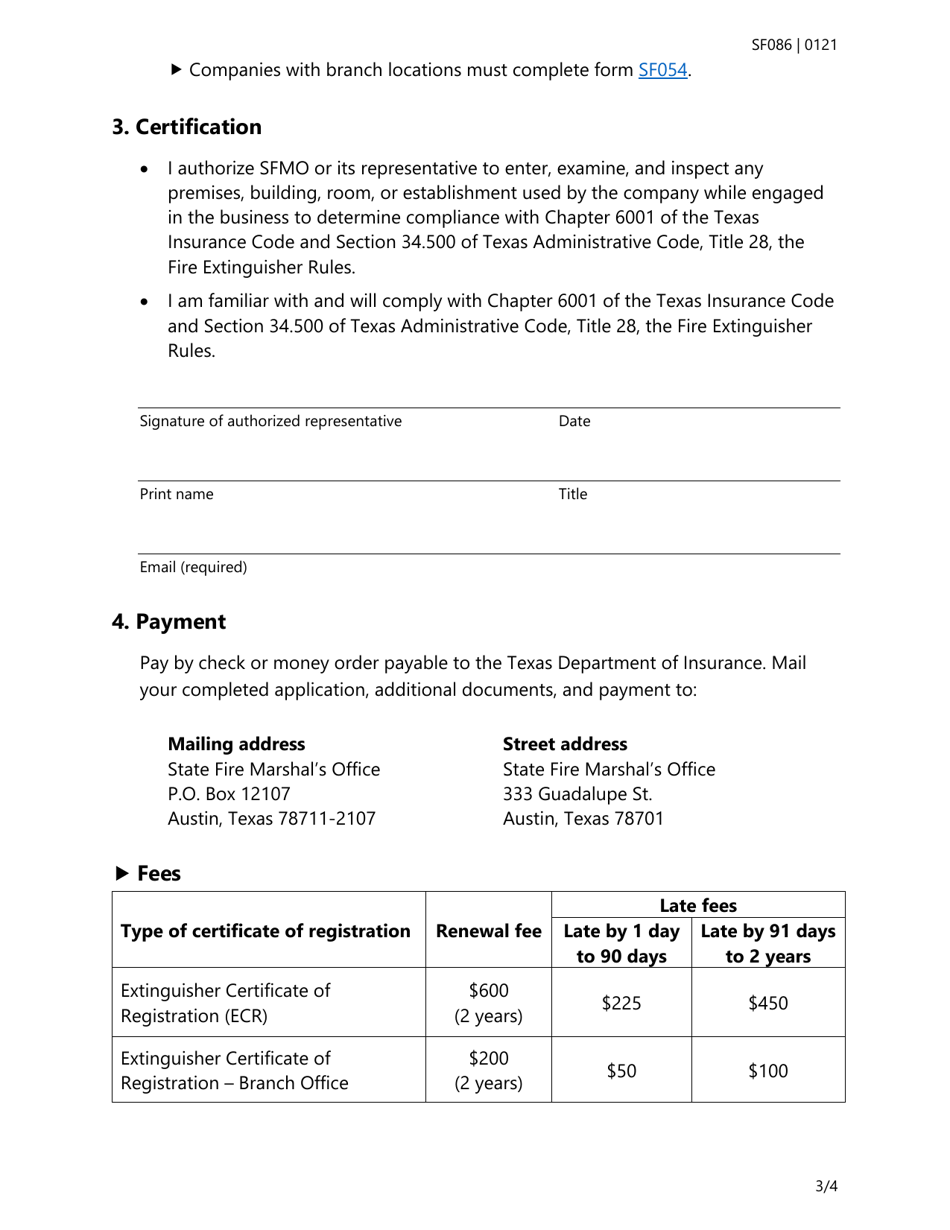 Form SF086 Fire Extinguisher Certificate of Registration Renewal Application - Texas, Page 3