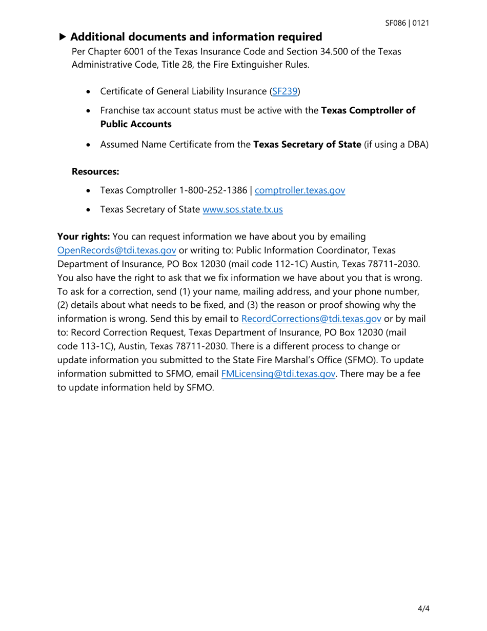 Form SF086 Fire Extinguisher Certificate of Registration Renewal Application - Texas, Page 4