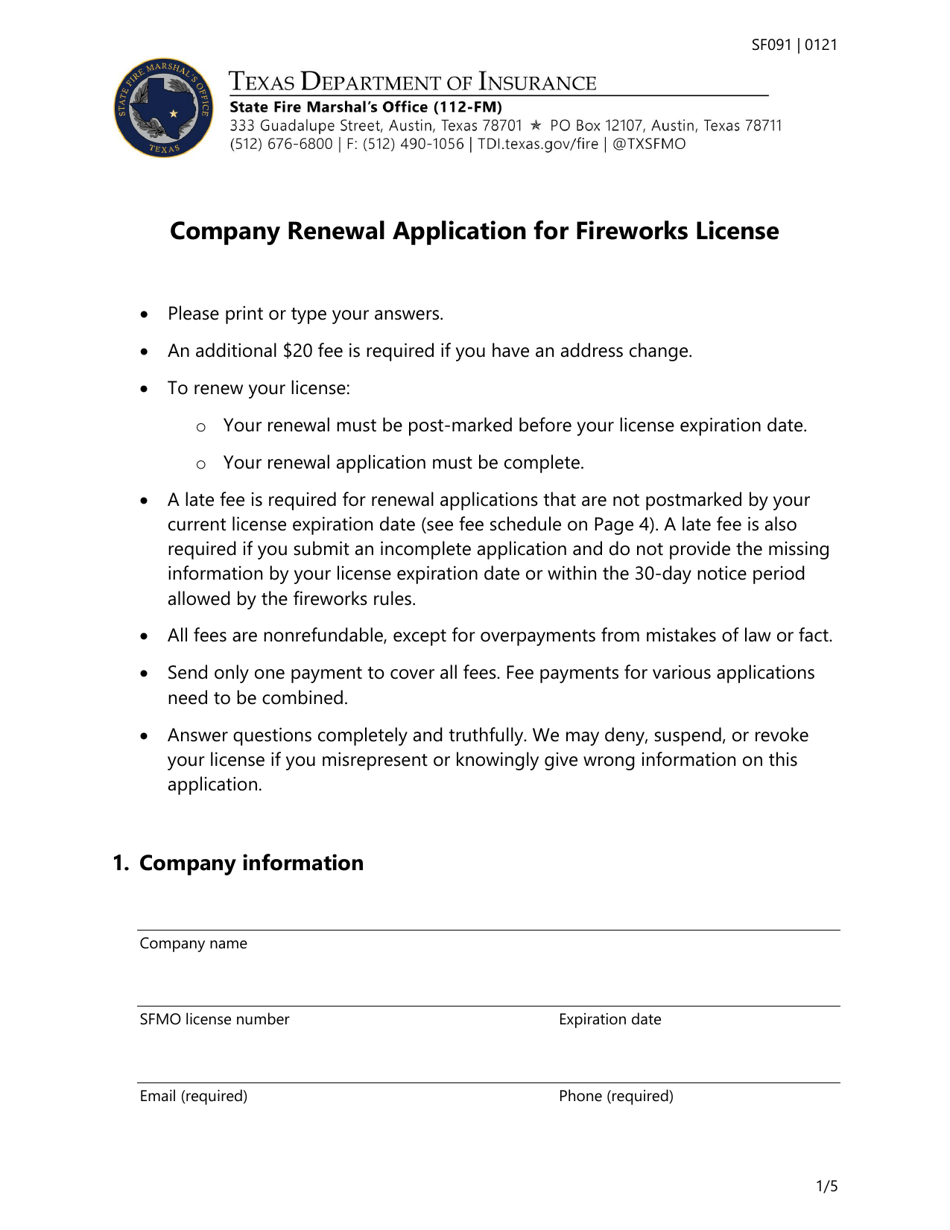 Form SF091 Download Fillable PDF or Fill Online Company Renewal