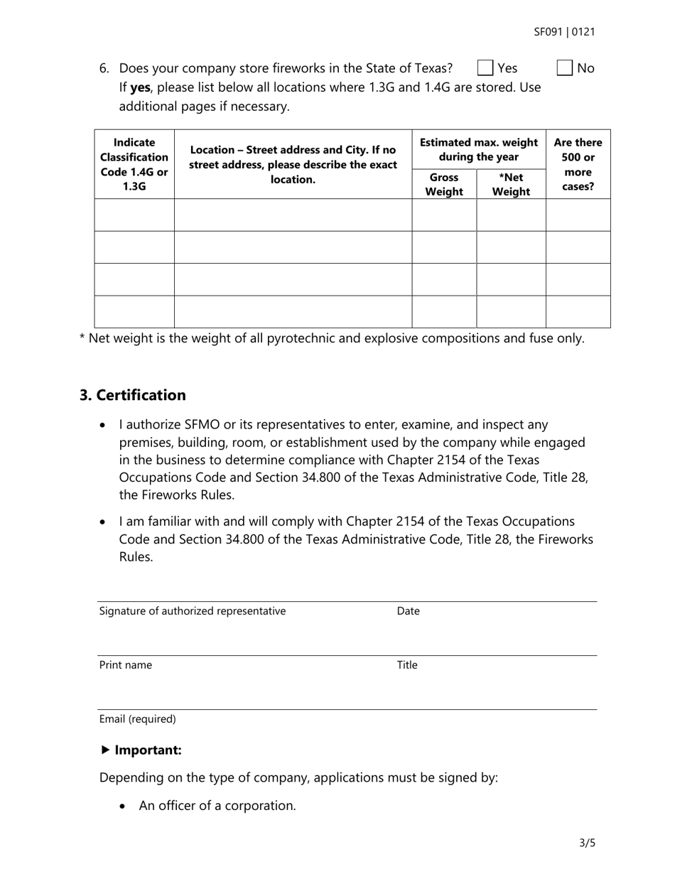 Form SF091 Company Renewal Application for Fireworks License - Texas, Page 3