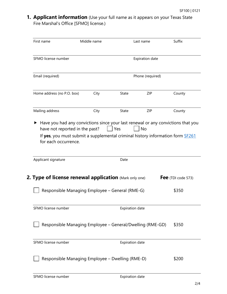 Form SF100 Individual License Renewal Application for All Types of Fire Sprinkler Licenses - Texas, Page 2
